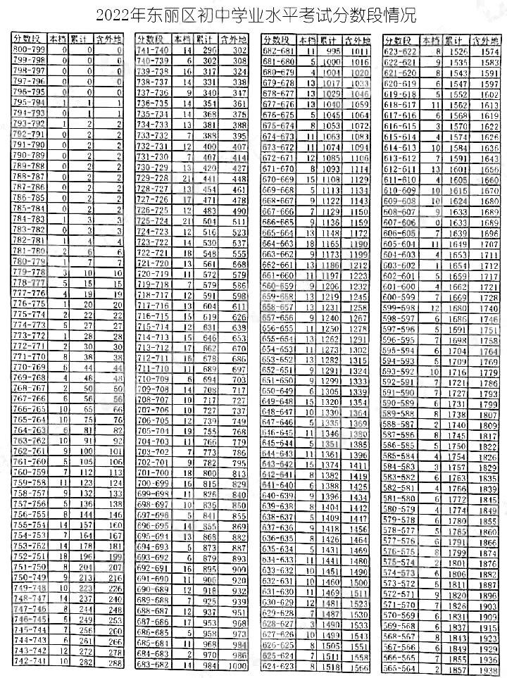 天津东丽区中考一分一段表查询2022