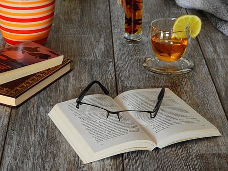 一本书, 读, 文学, 学习, 文本, 写作, 边, 眼镜, 茶, 喝, 玻璃
