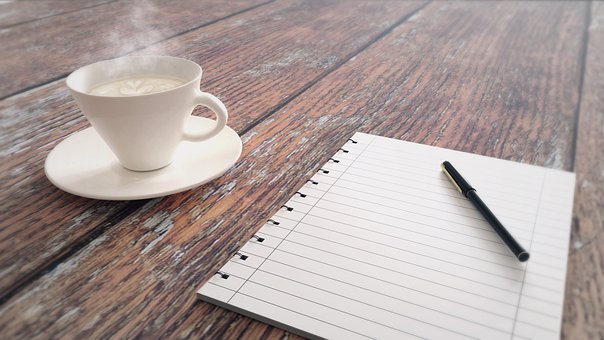 写作, 咖啡, 热的, 杯子, 表, 工作, 钢笔, 工作场所, 记事本, 笔记