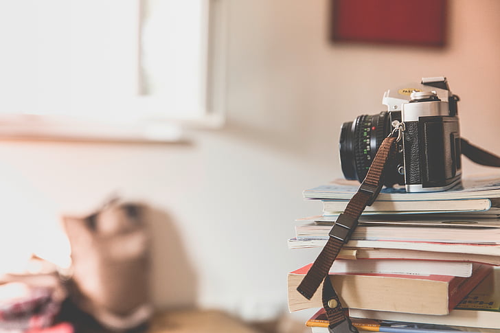 selective, photo, black, white, bridge, camera, books