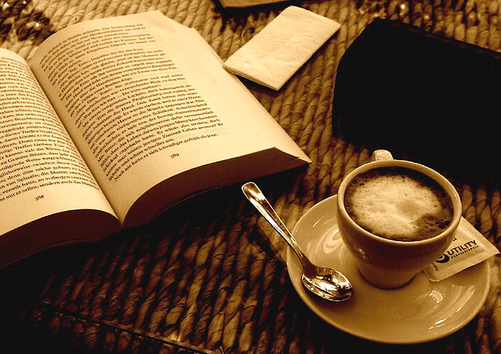 book, coffee, espresso, sepia, still life