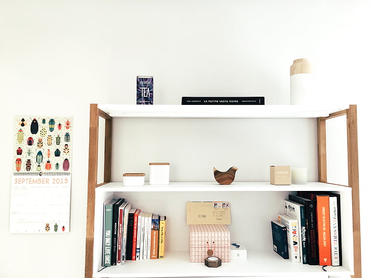 book, lot, brown, white, wooden, shelf, books