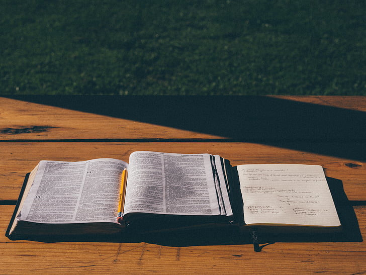 holy, bible, top, table, notebook, pencil, book