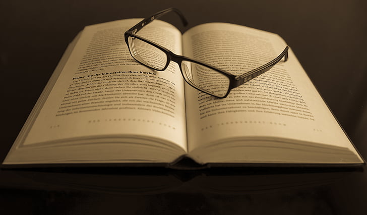 book, eyeglasses, eyewear, information, knowledge, pages, papers