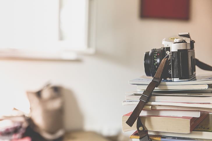 books, camera, depth of field, photography, piled, stacked, vintage