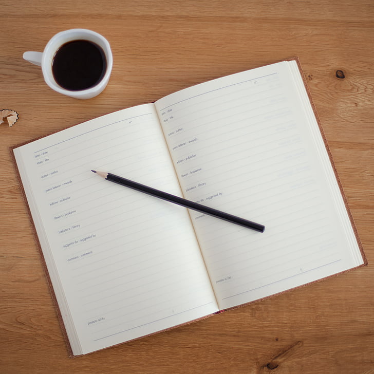 white, book, black, pencil, besides, ceramic, coffee