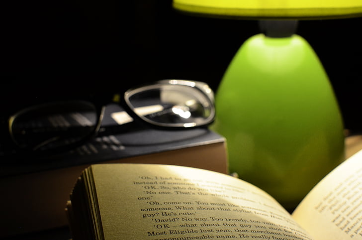 bed, book, dark, eyewear, glasses, lamp, light