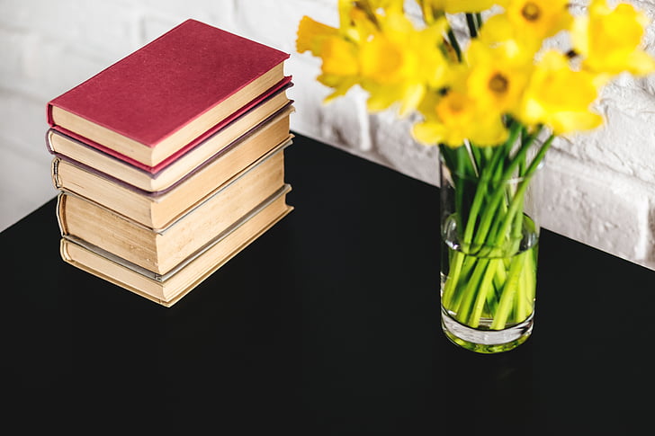 yellow, flower, vase, table, books, blur, green color