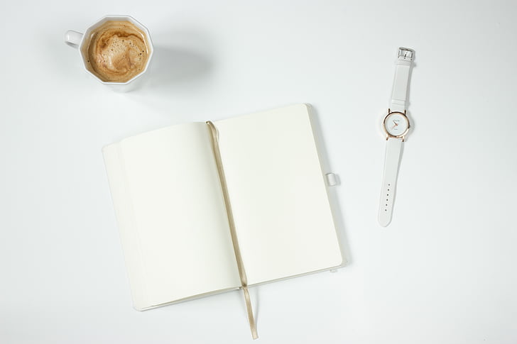 coffee, cup, drink, mug, notebook, page, paper