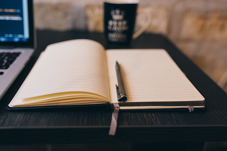 computer, laptop, macro, mug, notebook, pen, business