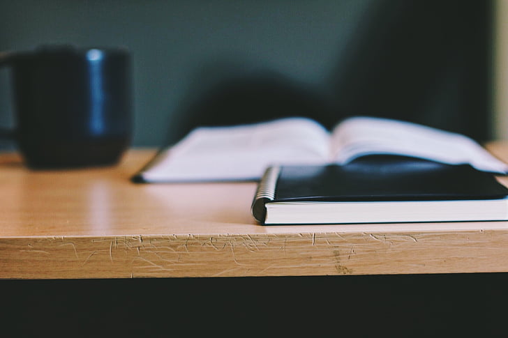 book, depth of field, desk, notebook, table, wood, wood - Material