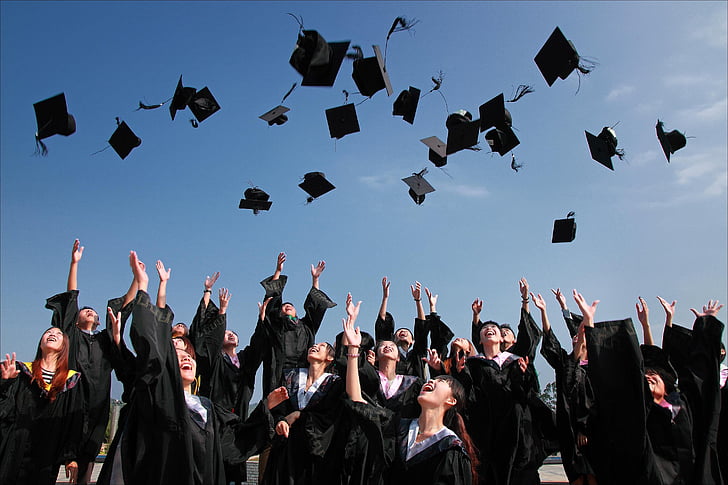 accomplishment, ceremony, education, graduation, group, hats, people