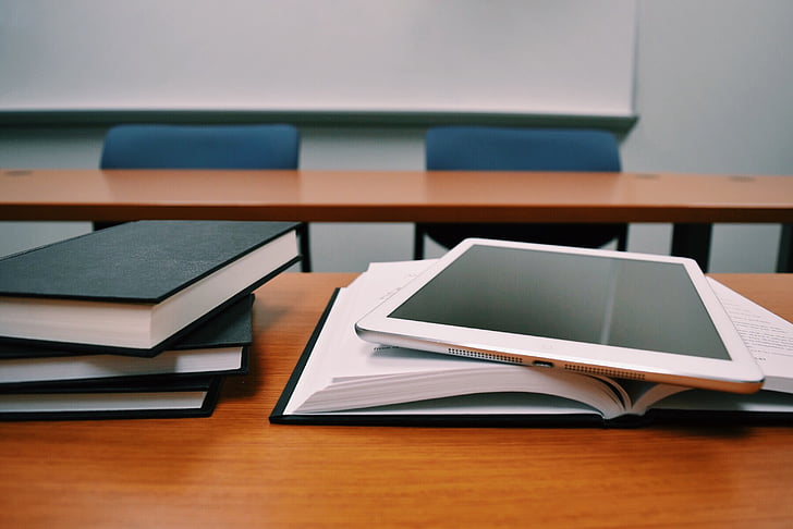 tablet, books, education, desk, classroom, school, book