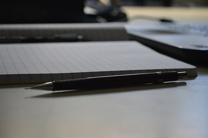 depth of field, mechanical pencil, notebook, paper, pencil