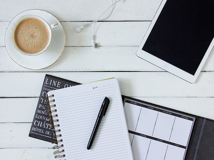 coffee, tablet, headphones, work, white, notebook, electronic equipment