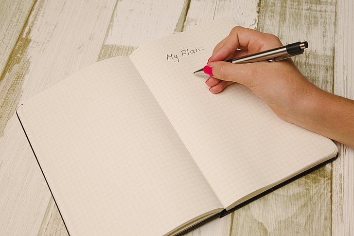 arm, desk, hand, list, notebook, organized, pen